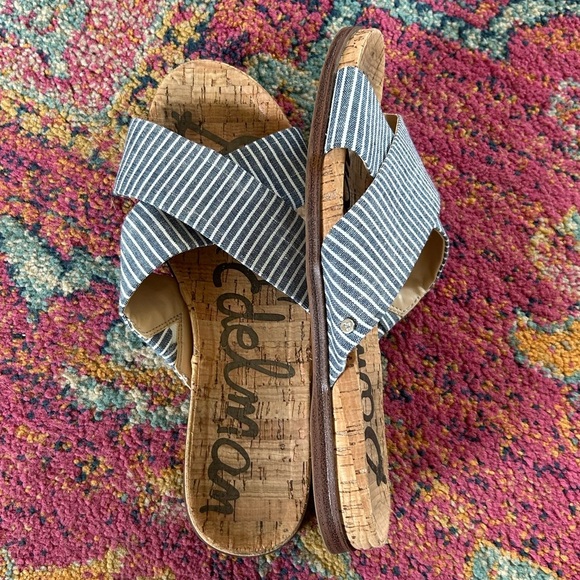 Sam Edelman | Women’s Blue/White Stripe Hattie Crisscross Canvas Slip On Flats - Picture 3 of 16